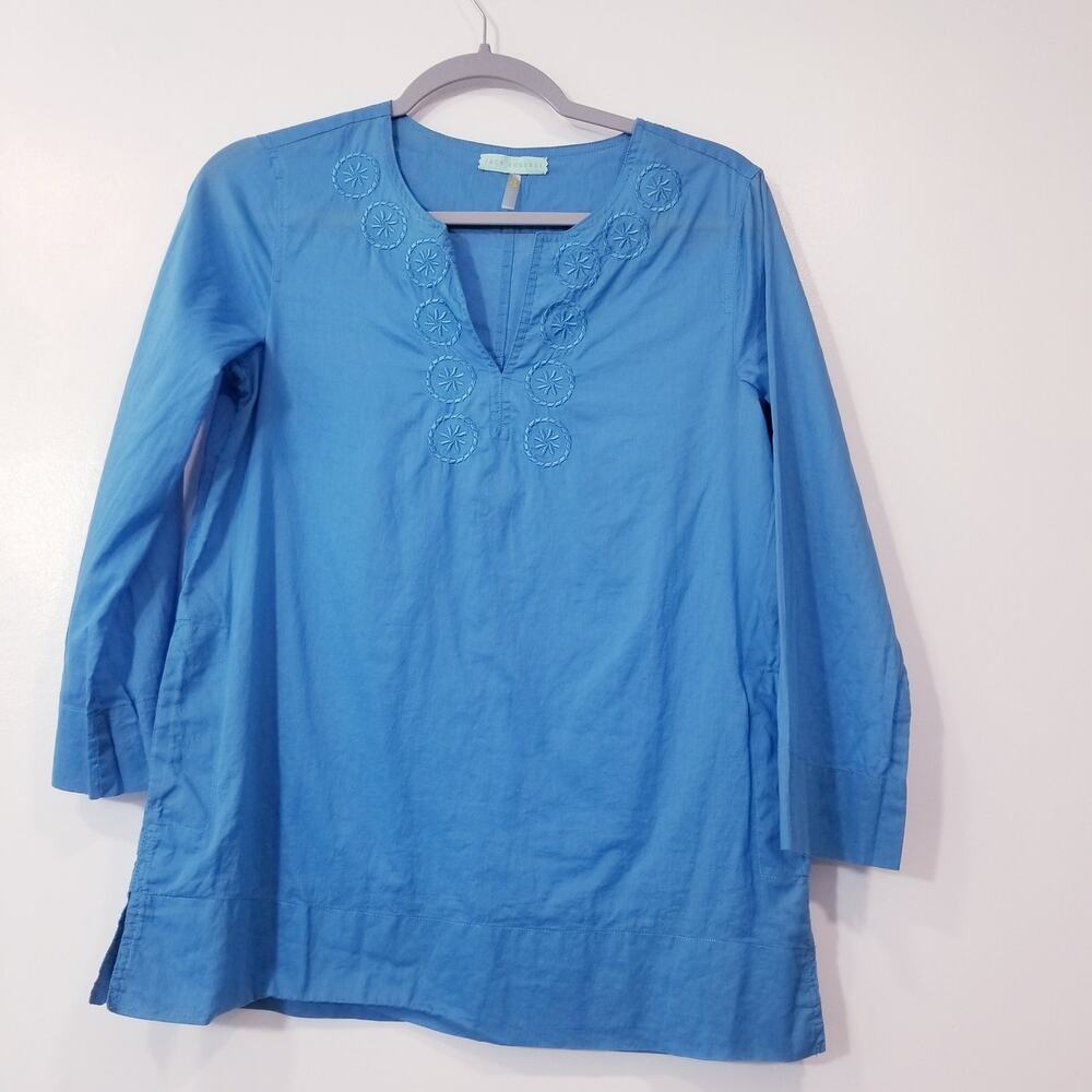 Jack Rogers 100% Cotton Blue Embroidered Blouse Side Pockets 3/4 Sleeves